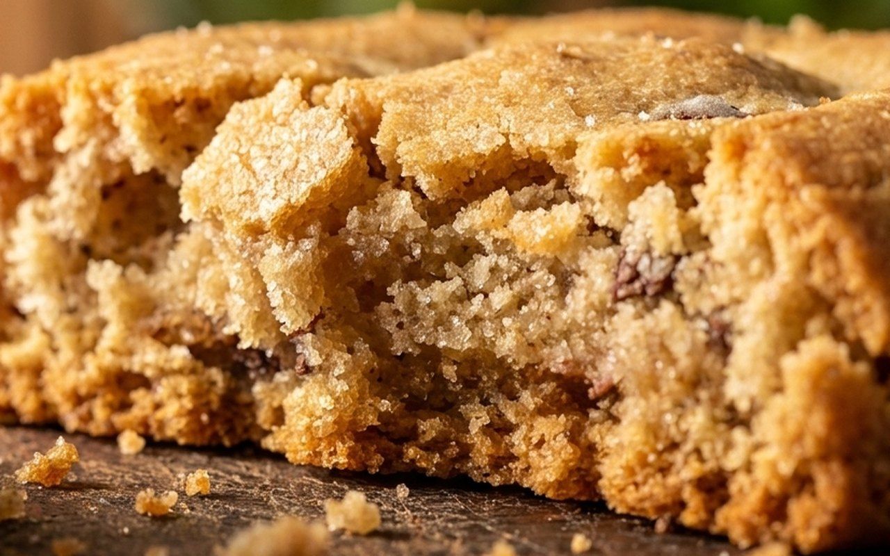 Macro da massa de cookie assada, dourada e crocante por fora.