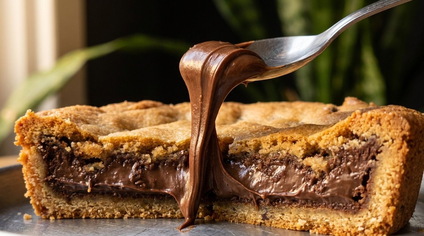 Colher puxando um fio grosso de Nutella de dentro da torta.