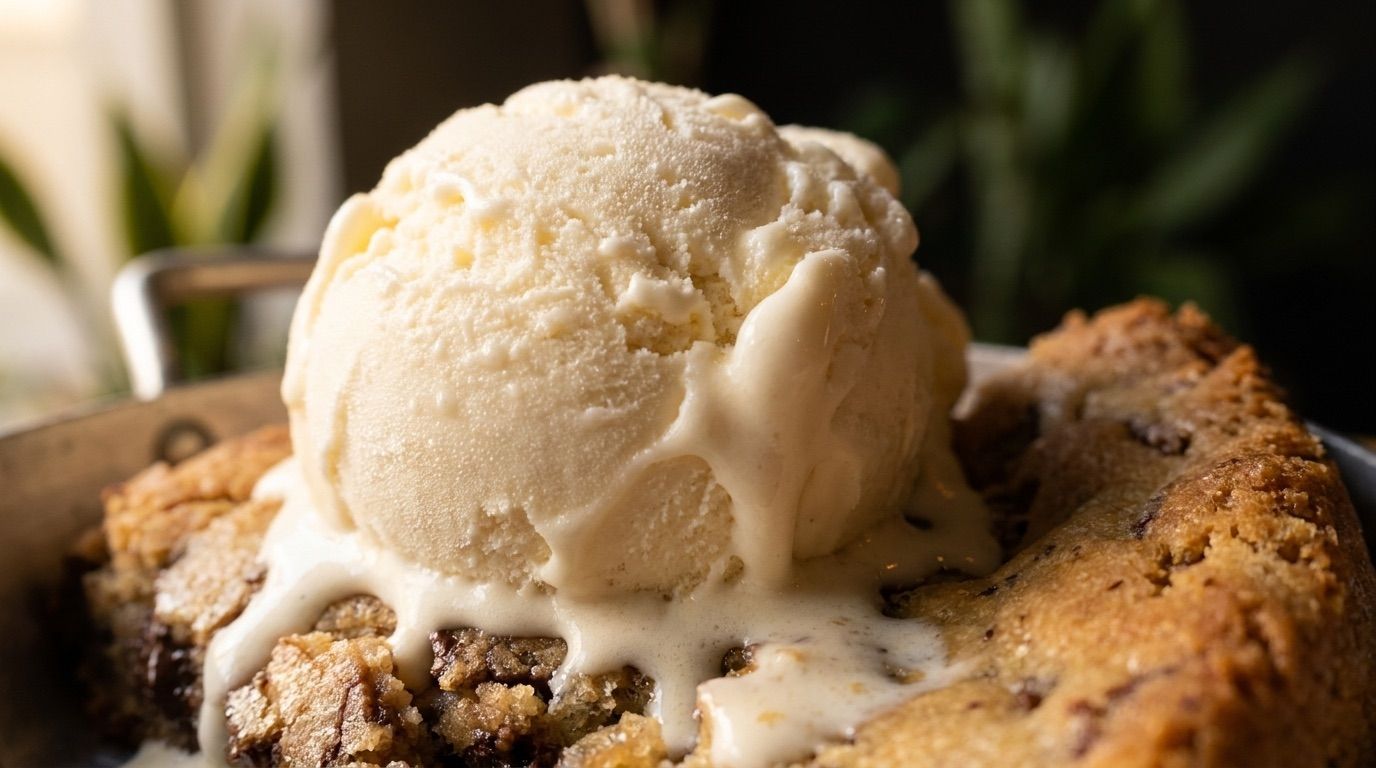 Bola de sorvete de creme começando a derreter sobre o cookie quente.