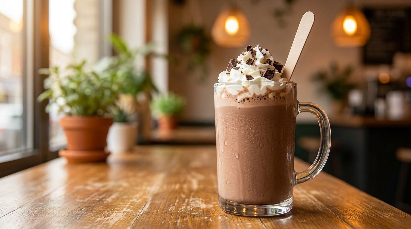 Milkshake cremoso com chantilly e pedaços de chocolate.