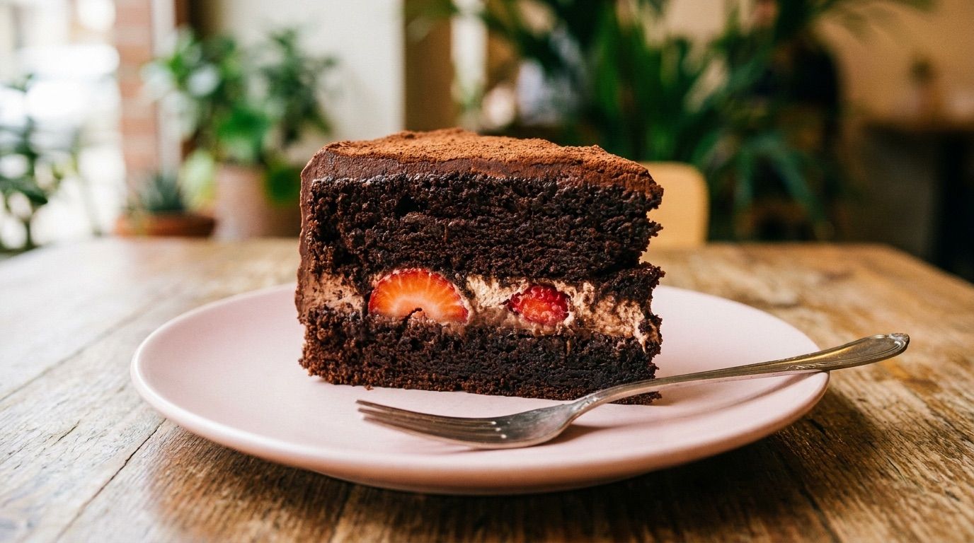 Fatia de bolo de chocolate com morango e creme.