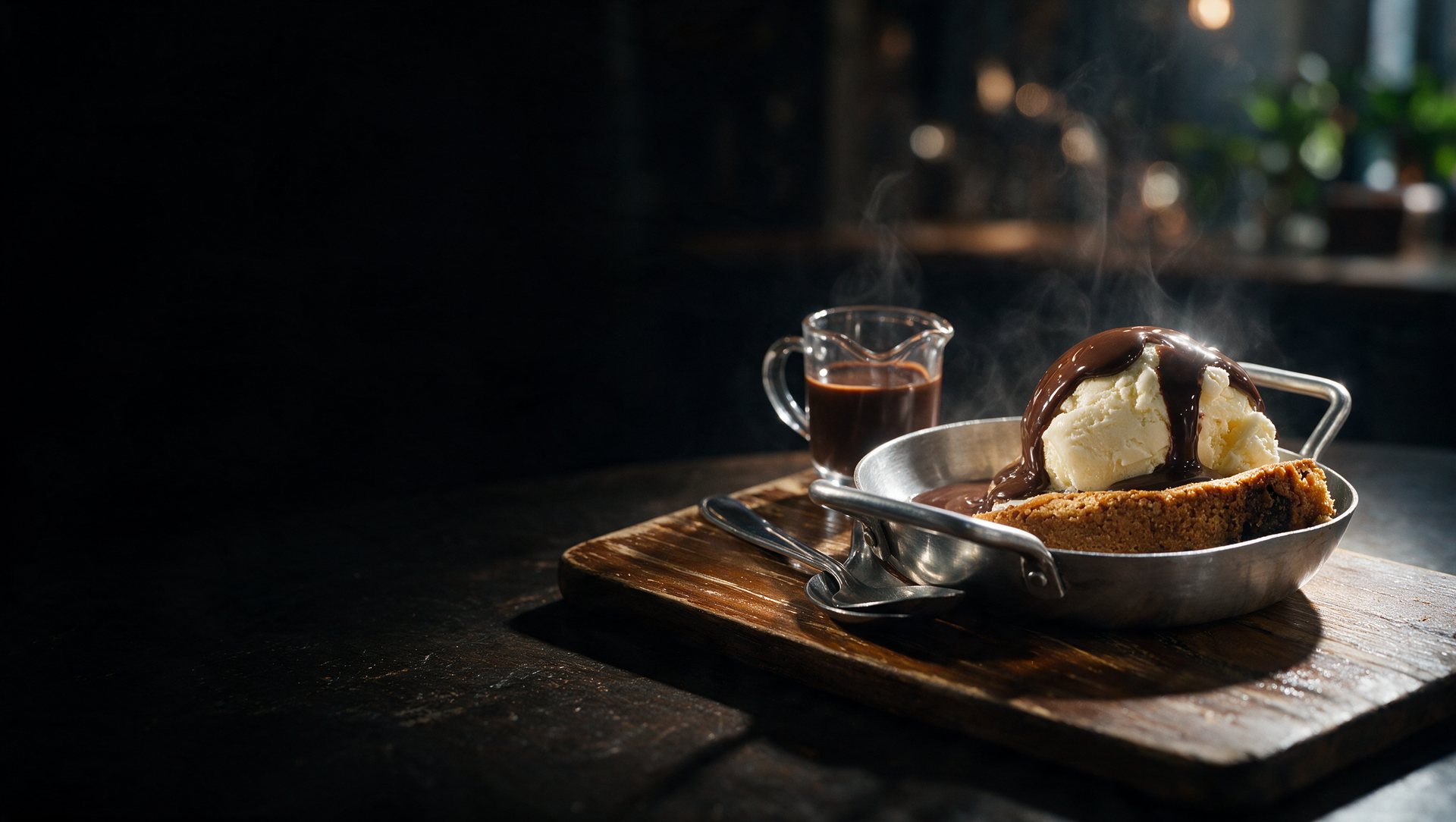 Piscininha de Torta Cookie: massa de cookie com bola de sorvete e calda de chocolate numa panelinha de alumínio sobre tábua de madeira, com duas colheres de prata e uma jarrinha de calda quente ao lado.