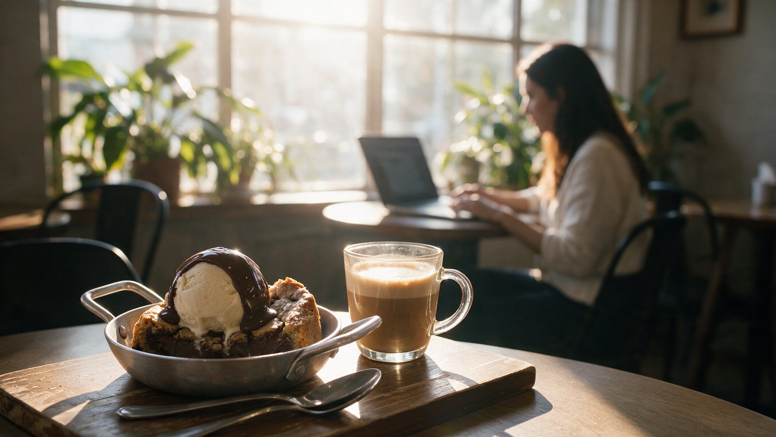 Piscininha de Torta Cookie e um cappuccino numa mesa da Casa EB e, ao fundo, uma mulher trabalhando sozinha no notebook junto à janela.